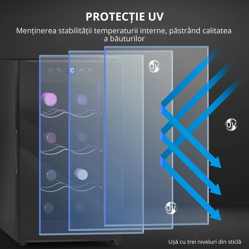 HOMCOM Frigider pentru Vinuri Refrigerat pentru 8 Sticle, Capacitate 21L, Display Touch și Rafturi Reglabile, Negru