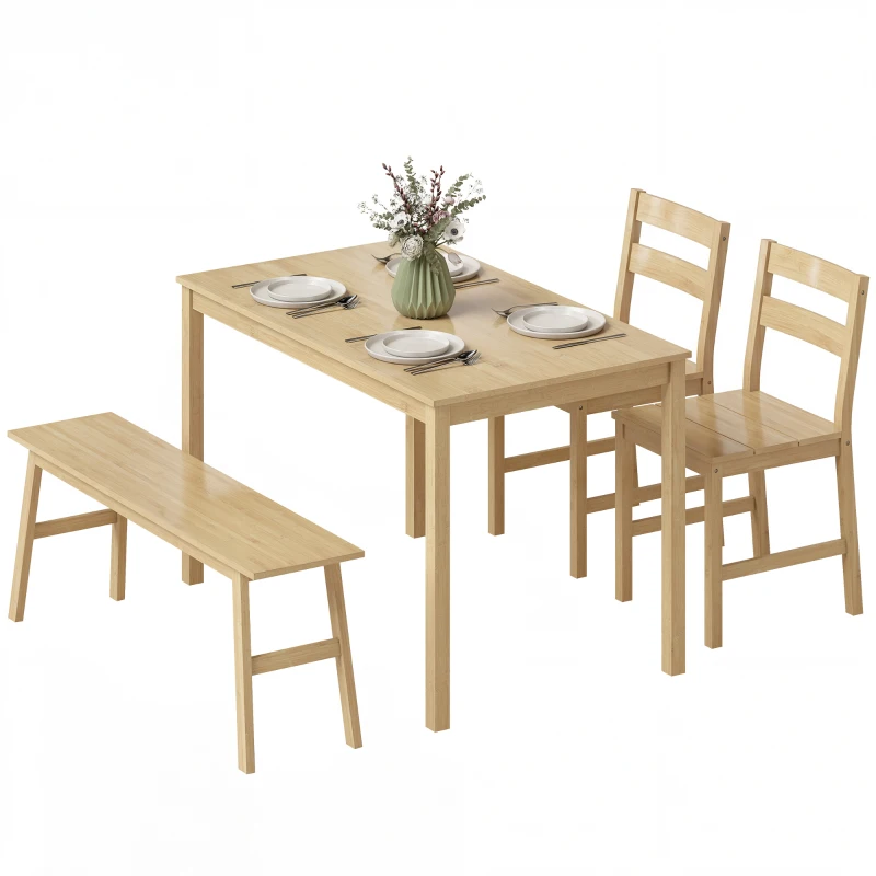 HOMCOM Conjunto de Comedor de Bambú con Mesa, 2 Sillas y Banco para 4 Personas, Madera Natural