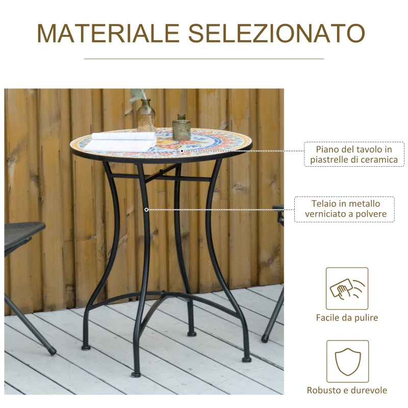 Outsunny Tavolo da Giardino Tondo Ø60cm in Metallo e Mosaico, Arredamento da Esterno e Interno, Rosso