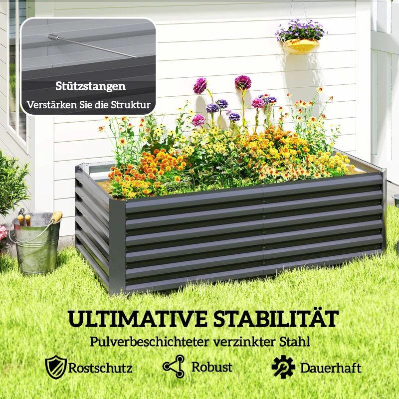 Outsunny Metaal hoogbed 180 x 90 x 57,5 cm diep tuinbed met open bodem steunstang donkergrijs