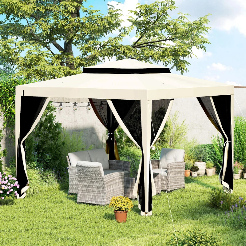 Outsunny Gazebo da Giardino 3x3m con Zanzariera, Doppio Tetto e Telaio in Metallo, Beige