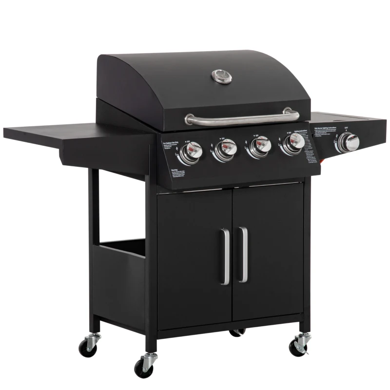 Outsunny Gasgrill BBQ mit 3 Brennern je 3 kw mobiler Grillwagen mit 4 Rädern Grillnetz Seitentischen Druckminderer Schläuche Schrank Multifunktion Metall Schwarz 132,4cm x 55cm x 109cm
