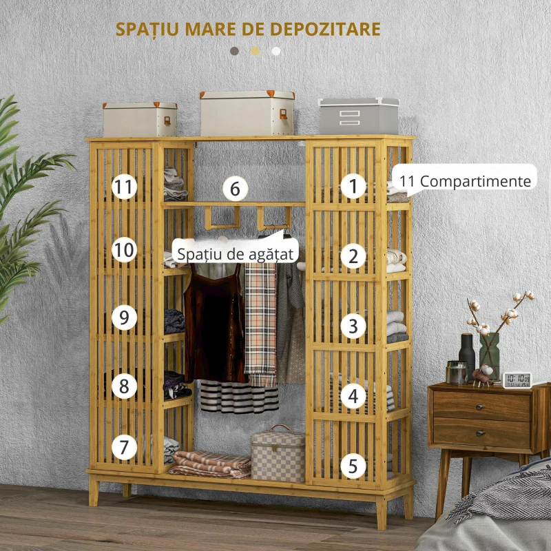 HOMCOM Dulap Deschis din Bambus cu 2 Uși Glisante, Garderobă cu Rafturi și Bară de Haine, 145x35x165 cm, Lemn Natural