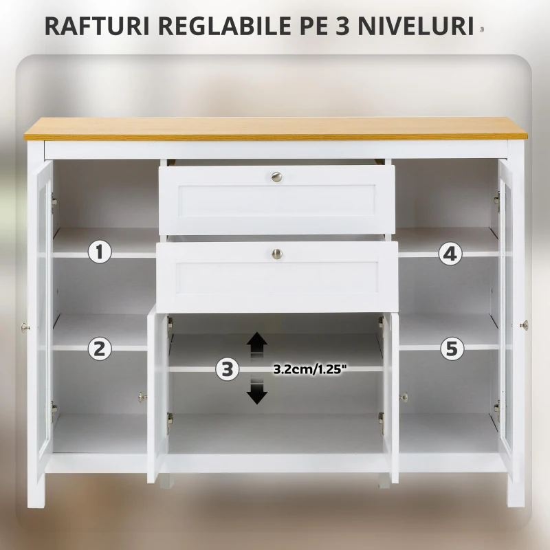 HOMCOM Comodă de Bucătărie cu Sertare, Dulapuri și Uși din Sticlă Alb și Stejar