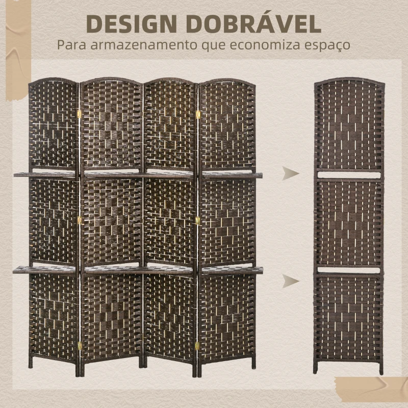 HOMCOM Biombo Separador de Ambientes 4 Painéis 160x170 cm com 2 Prateleiras Dobrável de Fibra de Papel Castanho