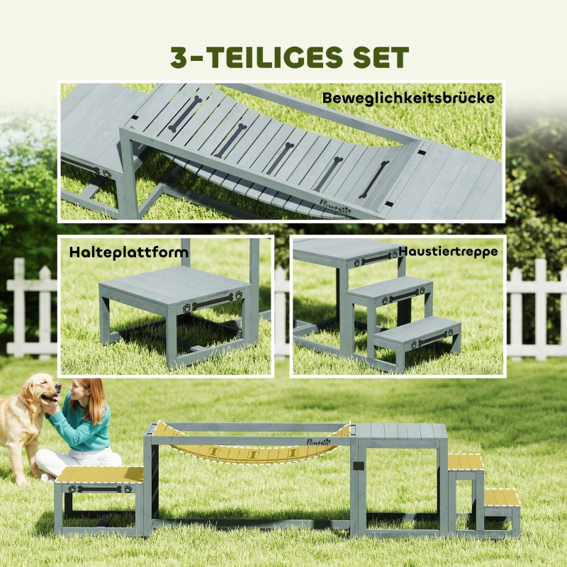 PawHut Agility Set Hunde 3-teiliges Set Agility-Ausrüstung mit Brücke, Treppe, Plattform, Tannenholz, 117 x 50 x 56 cm, Grau