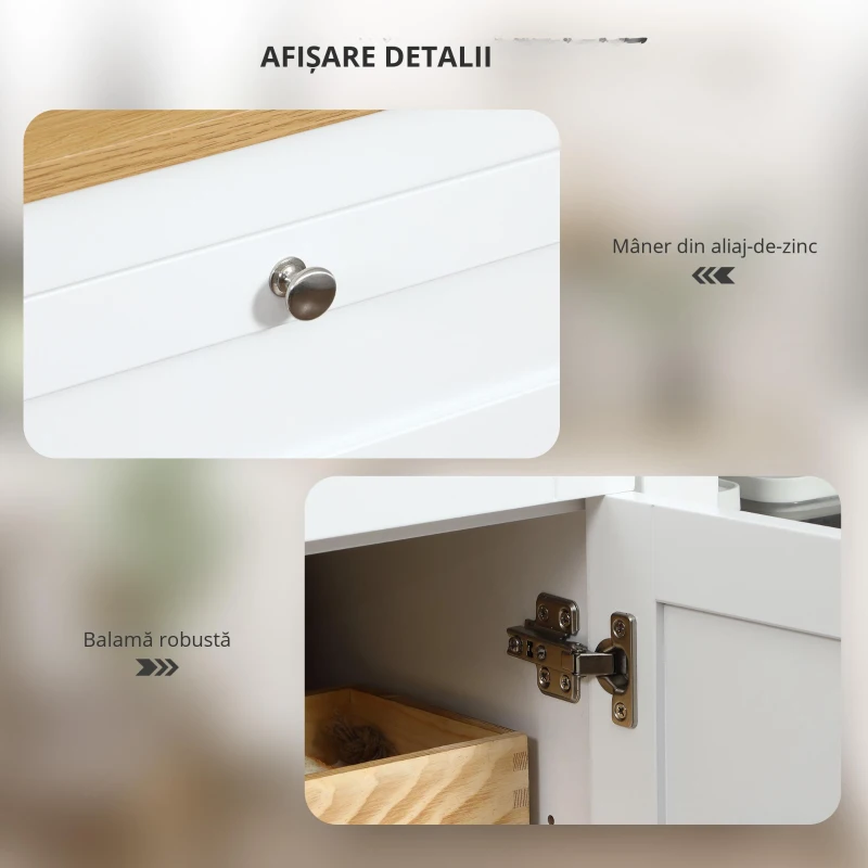 HOMCOM Comodă de Bucătărie cu Sertare, Dulapuri și Uși din Sticlă Alb și Stejar