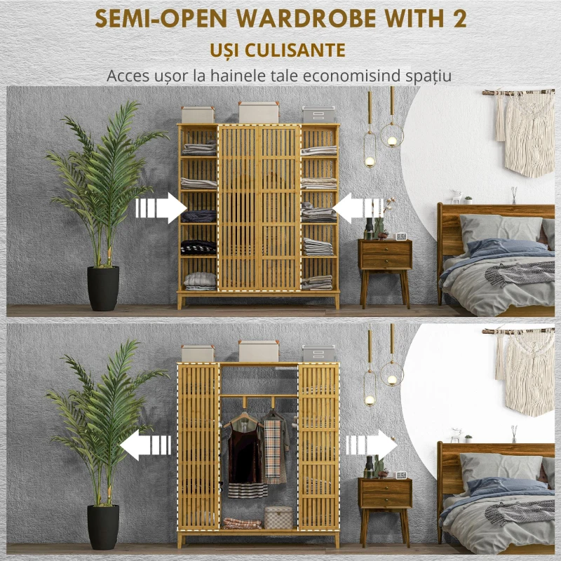 HOMCOM Dulap Deschis din Bambus cu 2 Uși Glisante, Garderobă cu Rafturi și Bară de Haine, 145x35x165 cm, Lemn Natural