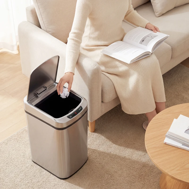 HOMCOM 12L Sensor-Mülleimer, Automatischer berührungsloser Küchenabfalleimer aus fingerabdruck-resistentem Edelstahl, Silber