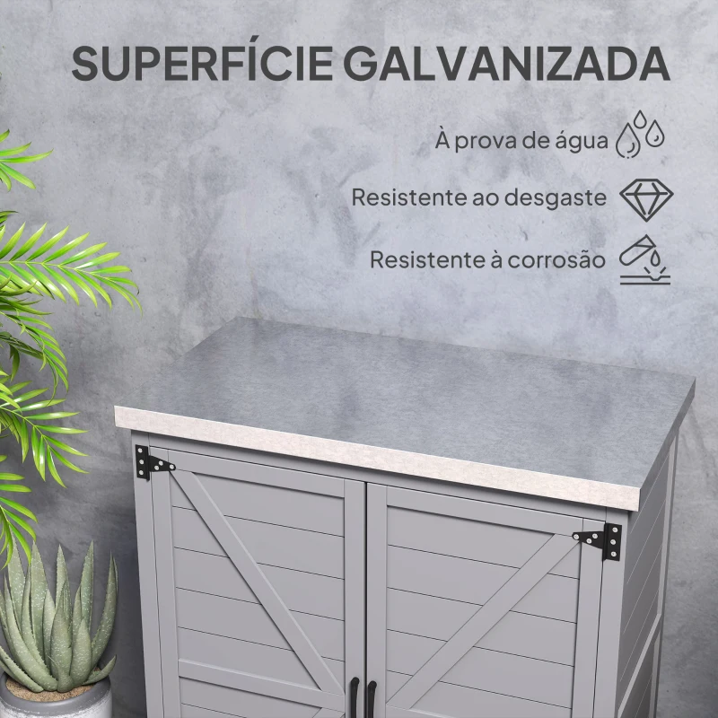 Outsunny Armário de Exterior em Madeira com Tampo de Aço Galvanizado Prateleira 2 Portas  para Armazenamento de Ferramentas 79x43x92 cm Cinza