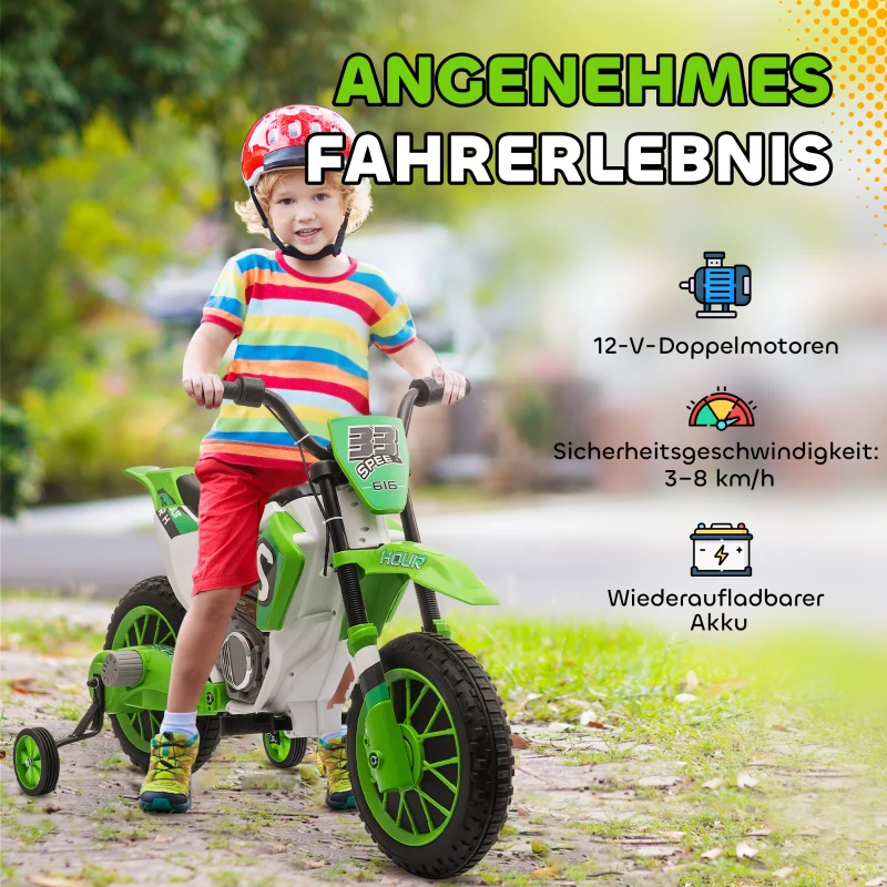 HOMCOM Kindermotorrad, Elektromotorrad, 45 Min Fahrzeit, mit Stützrädern, ab 3 Jahren, grün+weiß, 106,5 x 51,5 x 68cm