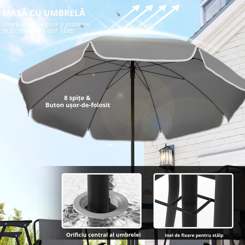 Outsunny Set de Mobilier de Grădină din 6 Piese cu Umbrelă de Soare,  Masă și Scaune Pliante, Ф80x70 cm, Gri