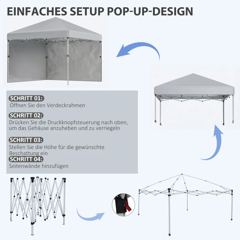 Outsunny Faltpavillon, zwei Seitenwände, Tragetasche, Stahlrahmen, hellgrau, 3 x 3 x 2,7 m