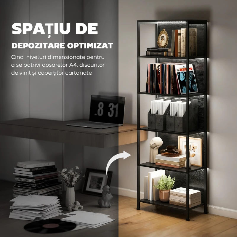 HOMCOM Bibliotecă cu 5 Rafturi, Verticală cu Iluminare LED în 7 Culori, Economisire Spațiu pentru Living, Dormitor și Birou, 60x30x179 cm, Negru