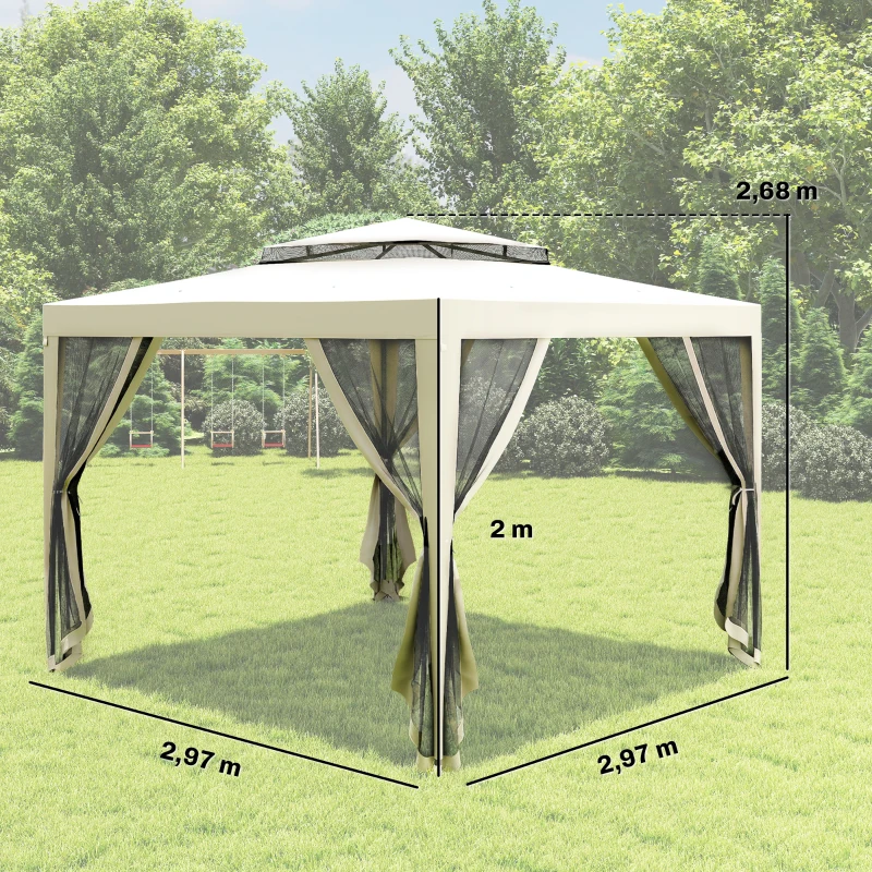 Outsunny Carpa de Jardín 3x3 m Cenador Gazebo con 4 Mosquiteras Laterales Techo Doble 8 Orificios de Drenaje Marco de Metal Crema
