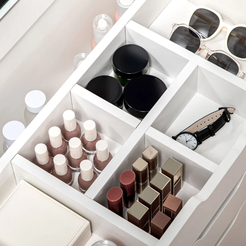 HOMCOM Toucador com Banco Oculto e Espelho Rebatível Mesa de Maquilhagem com Gaveta e 7 Compartimentos Banco Acolchoado Branco