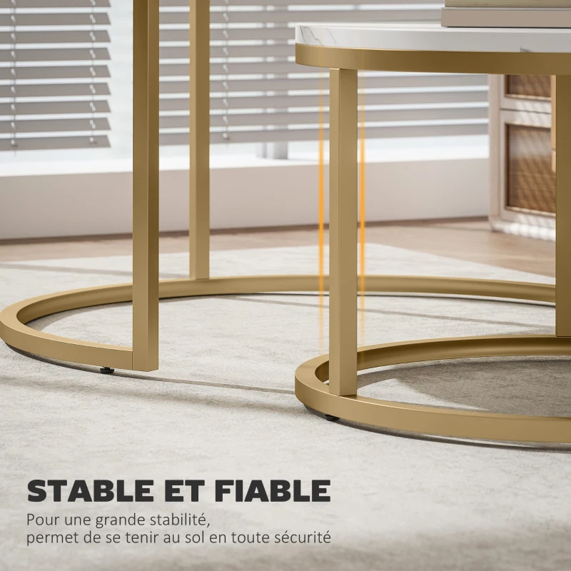 HOMCOM Lot de 2 tables basses gigognes empilable design industriel plateau imitation ciment pieds en métal blanc