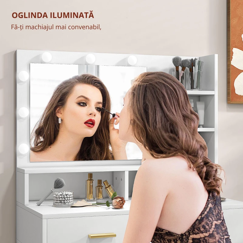 HOMCOM Masă de Machiaj cu Oglindă LED și Scaun, 2 Sertare, 5 Rafturi, pentru Baie, Alb