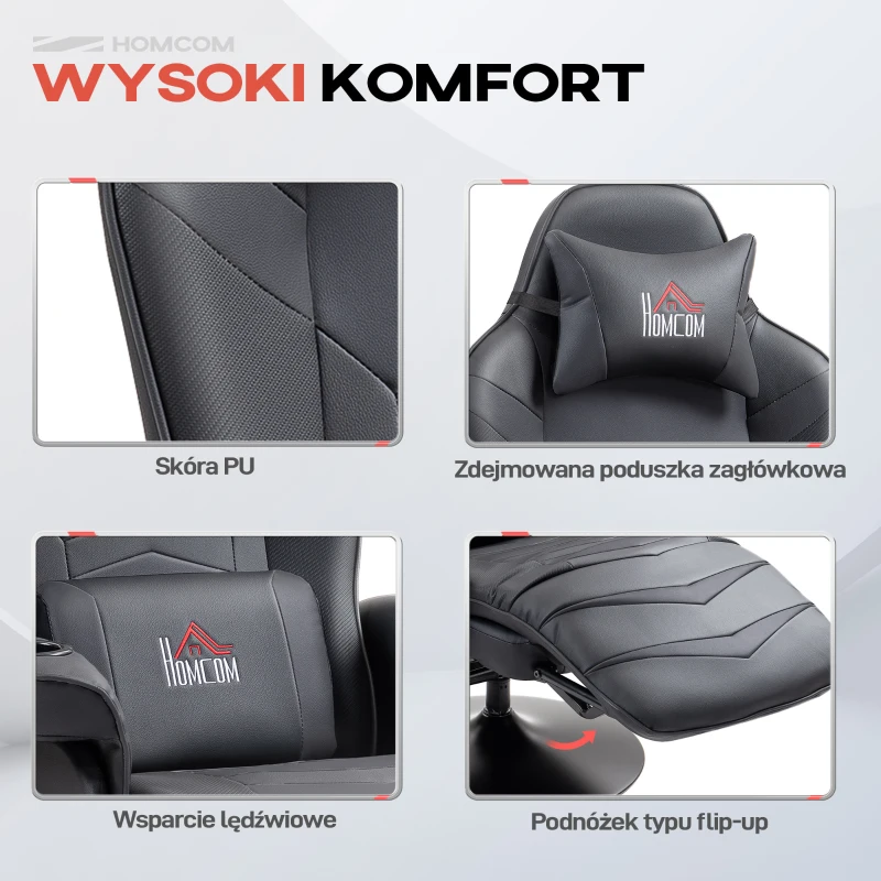 HOMCOM Fotel Gamingowy z Masażem, Regulowane Oparcie, Podnóżek, do 120 kg, Stelaż Stalowy, Sztuczna Skóra, Czarny(m-6)
