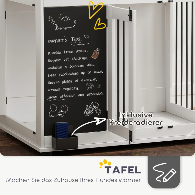 PawHut Hundebox mit Aufbewahrungsregal für Spielzeug, Haken für Leinen, Schreibtafel, Radiergummi, für große Hunde, Weiß(m-7)