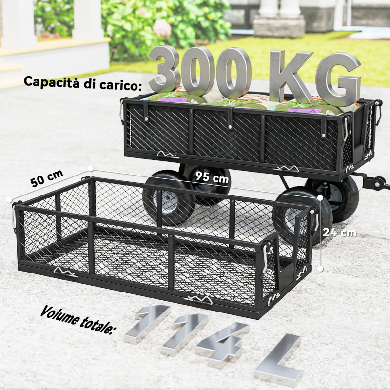 Outsunny Carrello da Giardino in Acciaio da 114L con Sacca Portaoggetti e Pareti Rimovibili, 105x51x54 cm, Nero