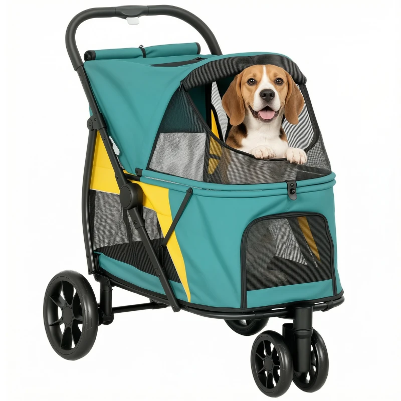 PawHut Passeggino per cani pieghevole con cuscino e tasca posteriore, fino a 20 kg, 92x63x95 cm, Verde scuro