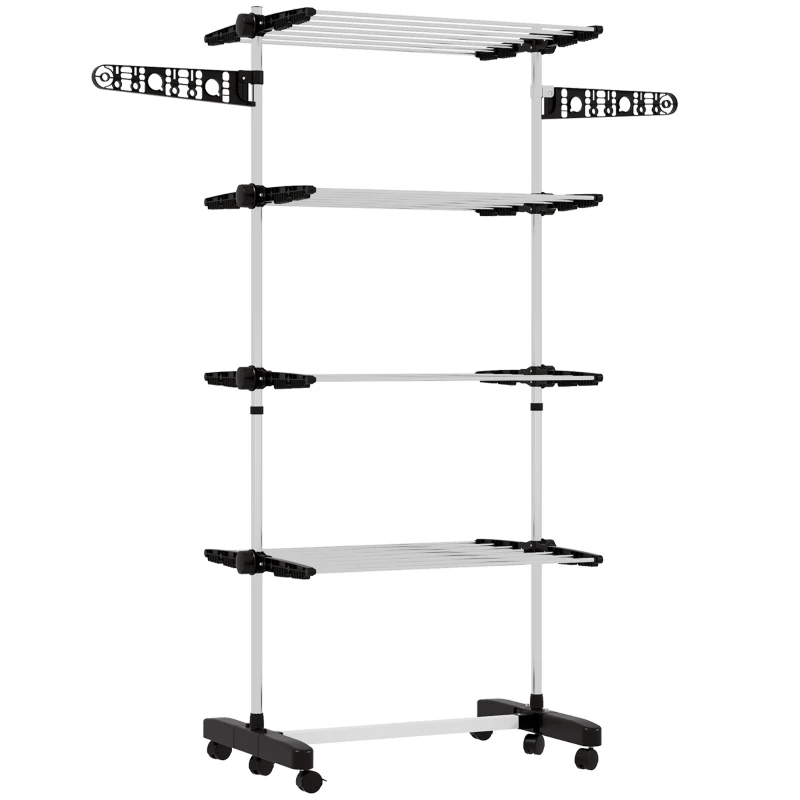 HOMCOM Wäschenständer Wäschetrockner 5 Ebenen, klappbar, One-Klick-System, 142 cm x 55 cm x1 72 cm, Schwarz + Silber(m-11)