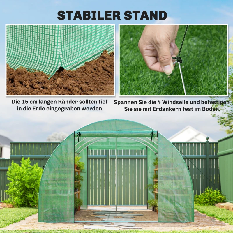 Outsunny Szklarnia ok. 4 x 3 x 2 m, szklarnia foliowa z rolowanymi drzwiami, 2 drzwi na zamek & 8 okien z siatką, pręty podporowe, zielona