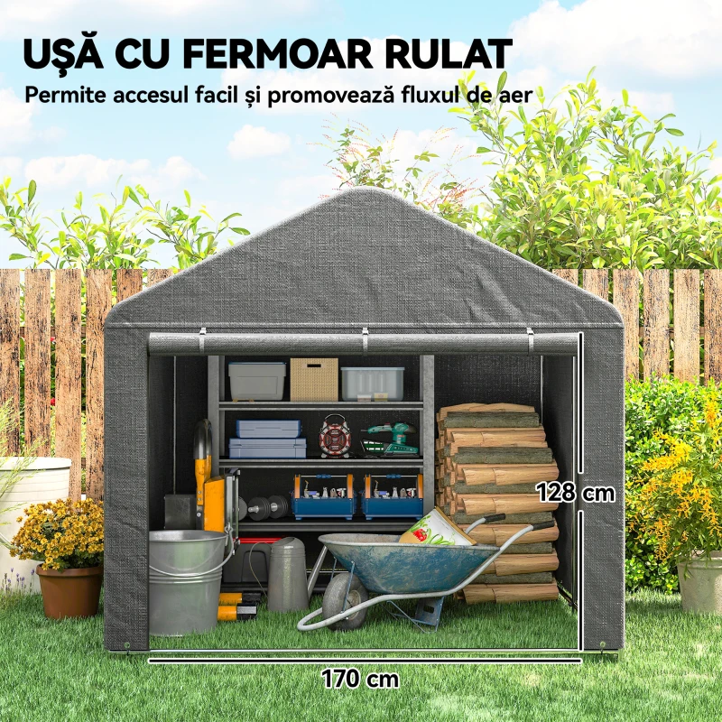 Outsunny 2x2.4 m Cort pentru Depozitare în Grădină, Cort Garaj cu Acoperire Impermeabilă, Ușă Rulabilă cu Fermoar, pentru Biciclete și Unelte, Metal Zincat, Gri Deschis