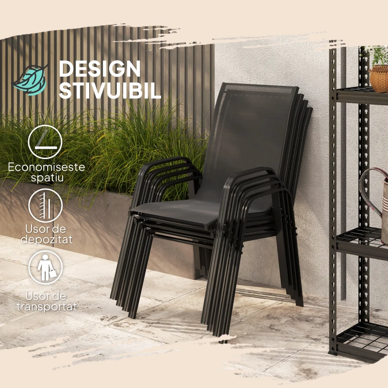 Outsunny Set 6 Piese Scaune de Gradina cu Cotiere, Scaune de Exterior Stivuibile din Metal si Tesatura Respirabila, Maro