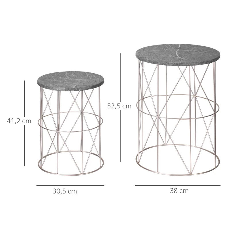 Outsunny 2er-Set Beistelltisch Stapelbar Gartentisch in Marmor Optik Balkontisch aus Metall, runder Kaffeetisch 50kg belastbar, Ø38x52,5 cm Sofatisch für Outdoor Indoor Balkon Rose+Gold+Grau