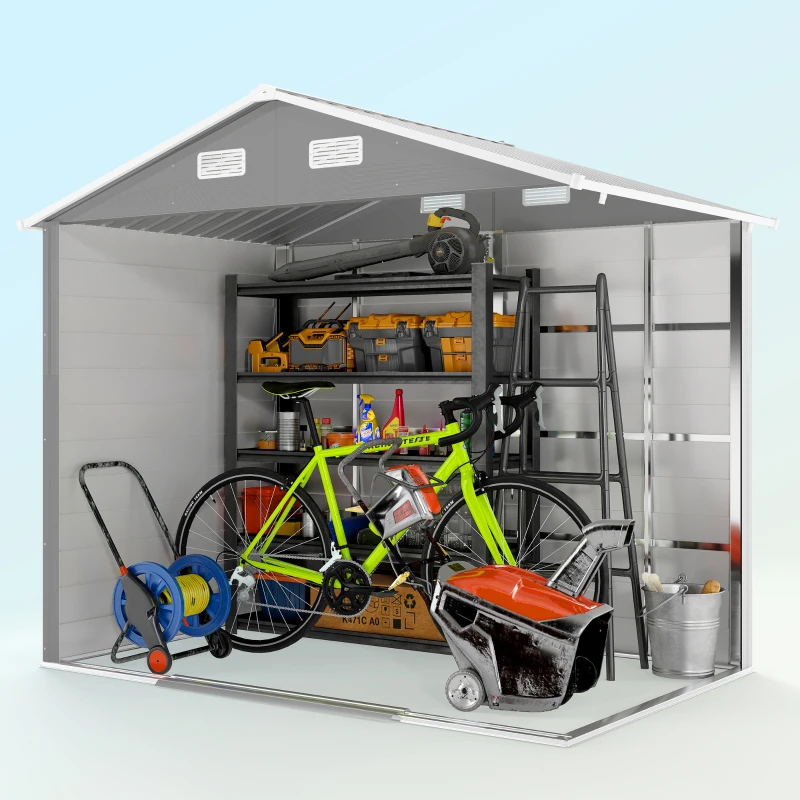 Outsunny Casetta porta Attrezzi con Porte Scorrevoli e 4 Prese d'Aria, in Acciaio e PP 196x236x208 cm, Grigio Chiaro