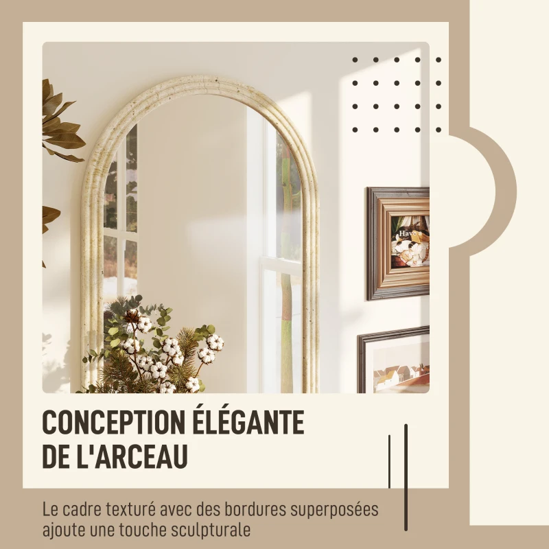 HOMCOM Miroir mural arqué, miroir moderne avec bord rainuré et crochets, verre trempé et polystyrène, 50 x 70 cm, beige