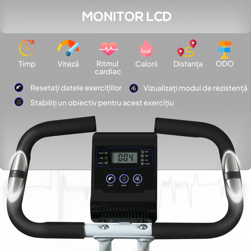 SPORTNOW Bicicletă Magnetică Pliabilă cu 8 Niveluri de Rezistență, Ecran LCD, Șa Reglabilă, Suport Tabletă, Roți, Senzor Puls, Oțel, Negru
