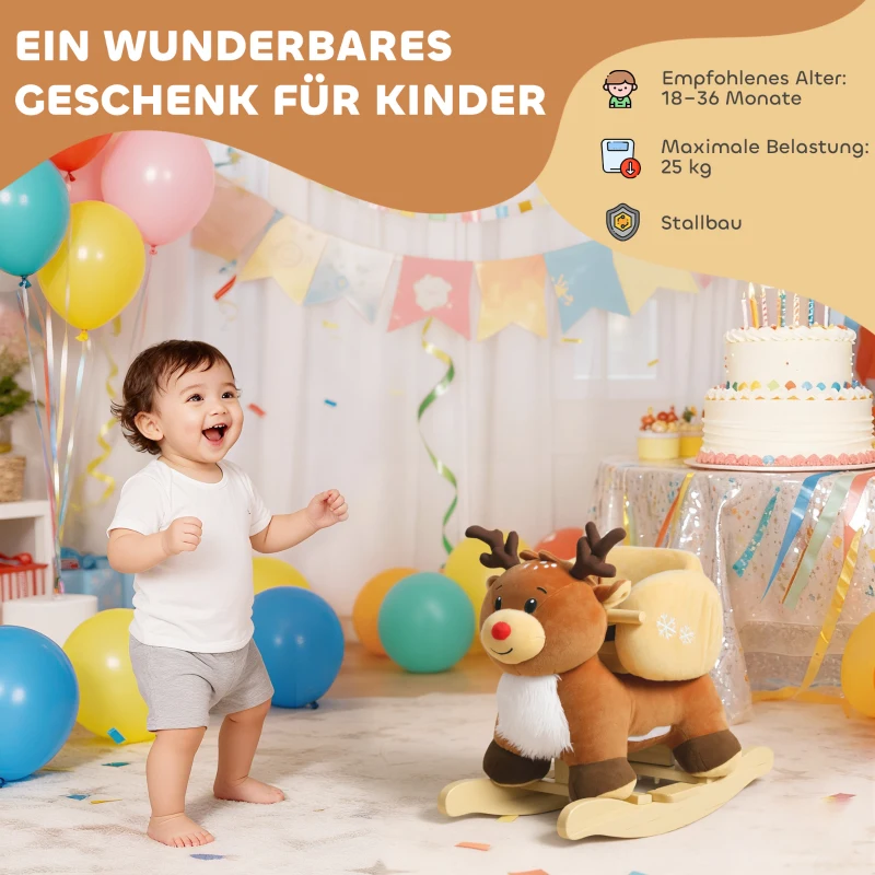 AIYAPLAY Kinder Schaukelpferd Baby Schaukeltier Rentier mit Schlafliedern, für 18-36 Monate Plüsch 65 x 35 x 59 cm Braun
