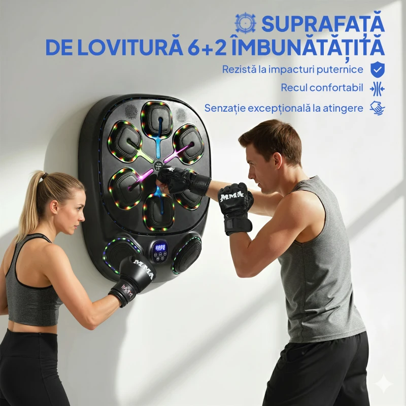 SPORTNOW Aparat de Box Muzical de Perete cu 9 Moduri și Lumini LED Multicolore, Music Boxing Machine pentru Adulți cu Conexiune Bluetooth, pentru Acasă și Sală, 61x48x11 cm, Negru