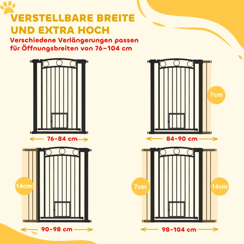 PawHut 106 cm hohes Haustiergitter mit anpassbarer Breite, integrierte Katzentür, für Treppen und Türrahmen, Schwarz