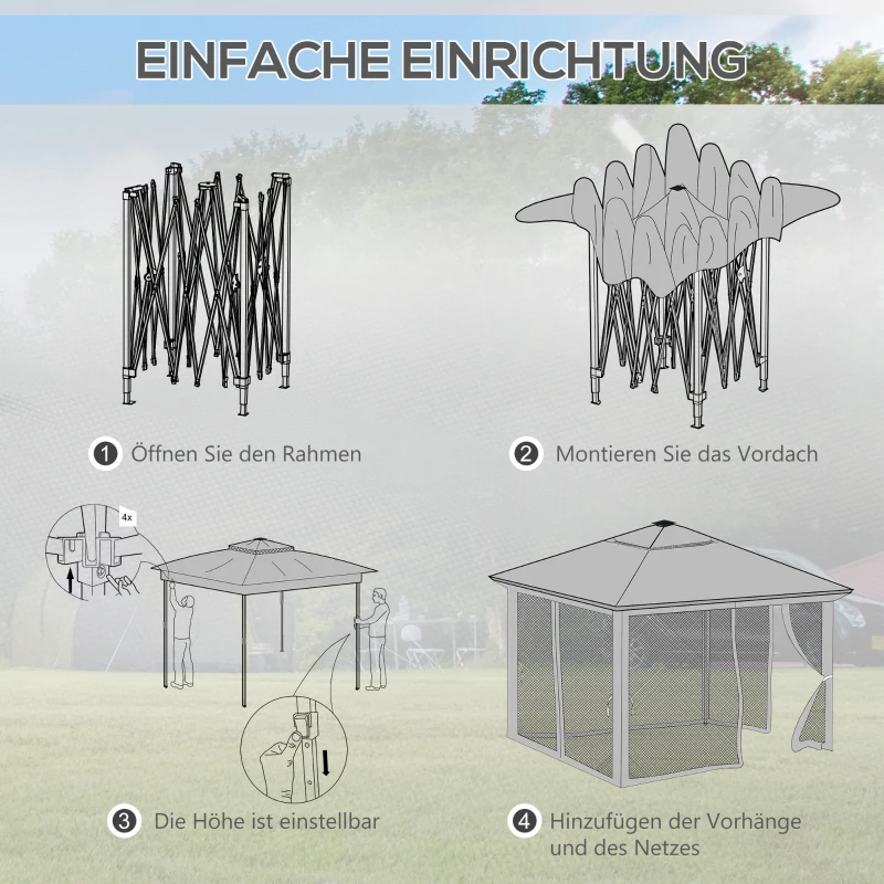 Outsunny Pavillon 3,3x3,3m Wasserabweisend Pop-up Faltpavillon mit LED, Doppeldach, Moskitonetz 4 Seitenteilen Tasche