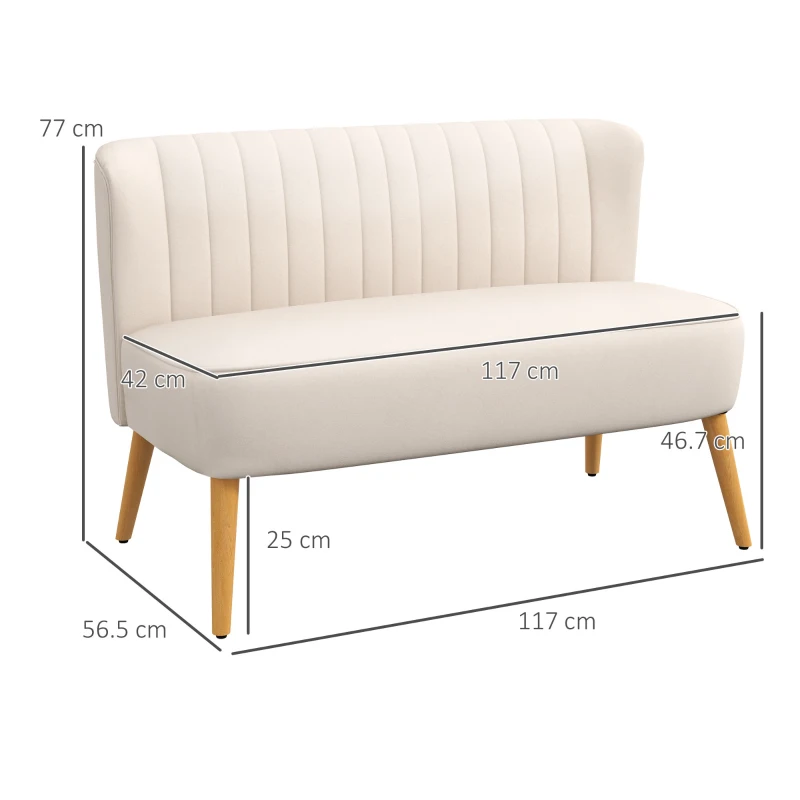 HOMCOM Canapea design retro 2 locuri, picioare din lemn, 117 cm x 56,5 cm x 77 cm, crem
