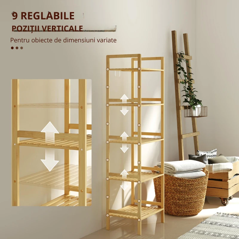 HOMCOM Raft de Depozitare pentru Baie cu 5 Niveluri, 43,5x31,5x142 cm, Lemn Natural