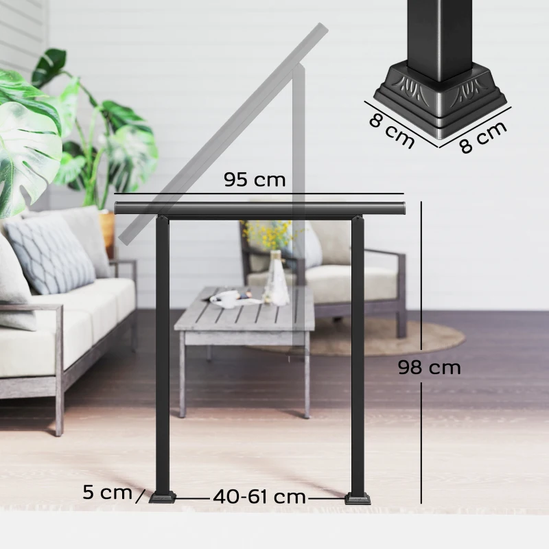 Outsunny Mână curentă exterioară pentru 1 la 3 trepte, mână curentă metalică pentru scări cu kit de instalare, negru