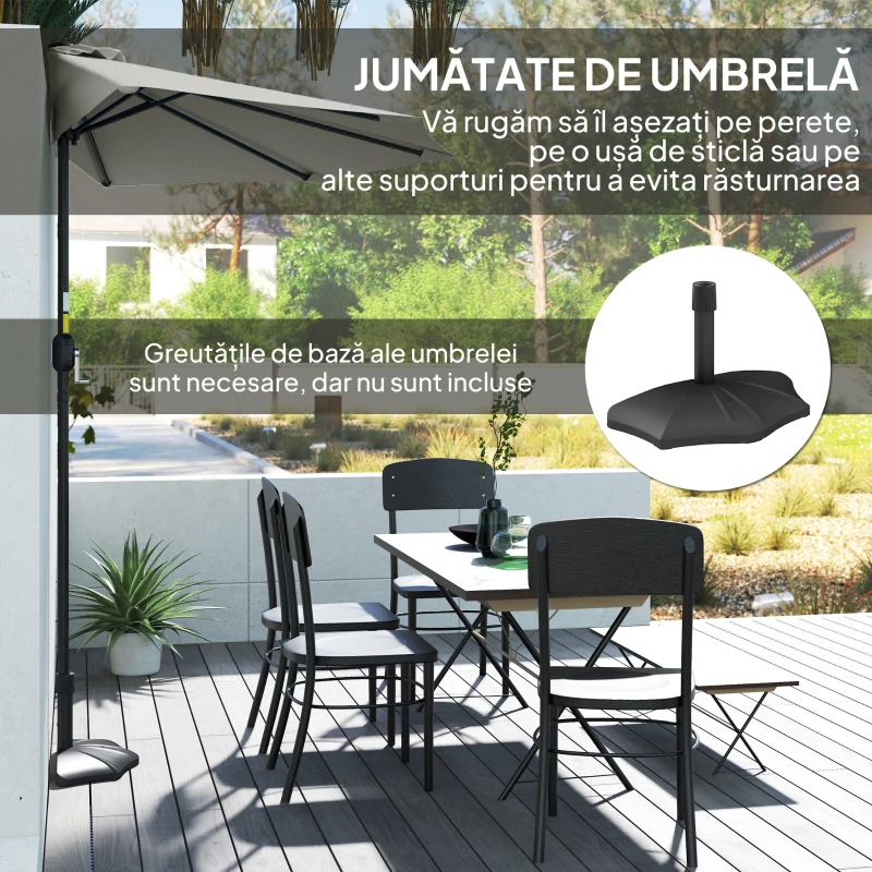 Outsunny Umbrela Semicirculara de Perete pentru Gradina cu Deschidere cu Manivela din Poliester, Gri 269x138x236cm