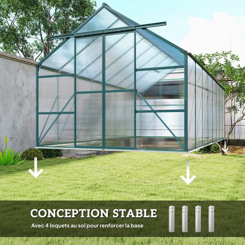 Outsunny Serre de jardin en aluminium polycarbonate avec fondation, serre avec fenêtre réglable porte coulissante 244x500x216cm