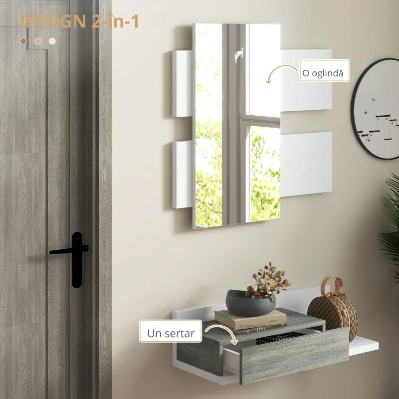 Homcom Mobilier Hol 2‑in‑1 cu Oglinda si Sertar 75x35x75 cm⁠ – Gri(m-4)