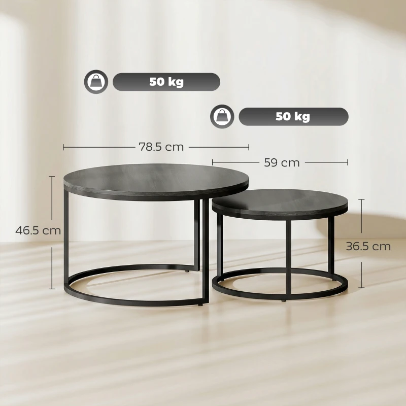 HOMCOM Set modern de 2 măsuțe de cafea, măsuțe laterale suprapuse cu cadru metalic pentru living, dormitor, birou, Negru