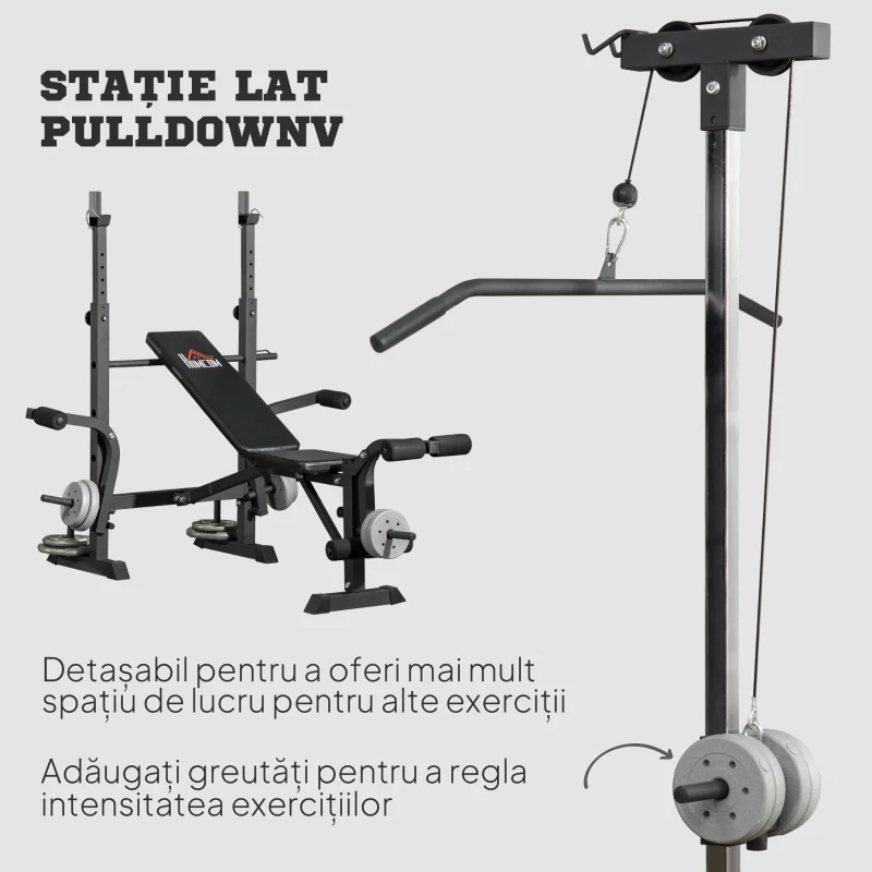 HOMCOM Bancă Fitness Multifuncțională cu Sistem Pulley, Suport Reglabil pentru Bara de Greutăți și Spătar Ajustabil, Bancă de Antrenament Înclinabilă pentru Extensia Picioarelor și Chest Fly, Ideală pentru Casa Ta