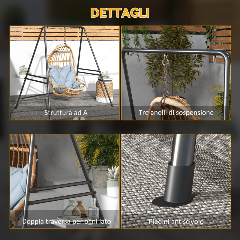 Outsunny Supporto per Amaca e Poltrona a Uovo in Acciaio con Gambe ad A e Agganci Singoli e Doppi, 178x143x180 cm, Nero