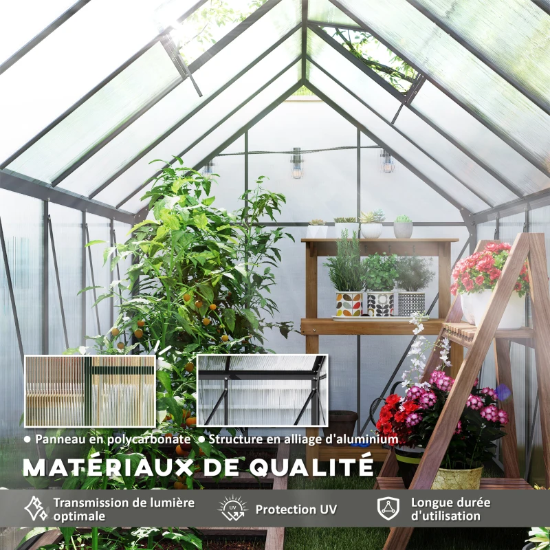 Outsunny Serre de jardin en aluminium polycarbonate avec fondation, serre avec fenêtre réglable porte coulissante 190x375x199cm