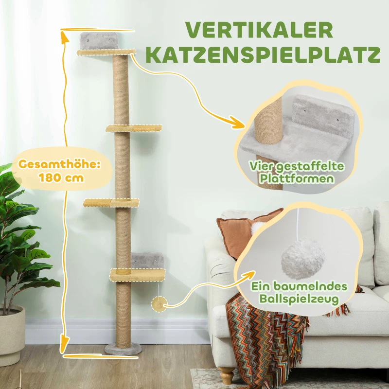 PawHut Katzenkratzbaum, 5-stufiges Design, Spielzeug, Sisalpfosten, Plüschstoff, Hellgrau