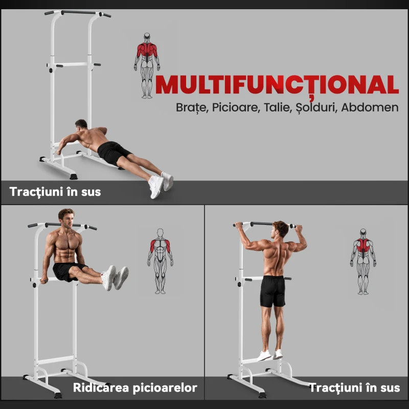 SPORTNOW Power Tower cu Bare Dip și Tracțiuni, Stație Multifuncțională cu Înălțime Reglabilă 176,5-227 cm, Structură din Oțel pentru Antrenament Acasă, Capacitate 120 kg